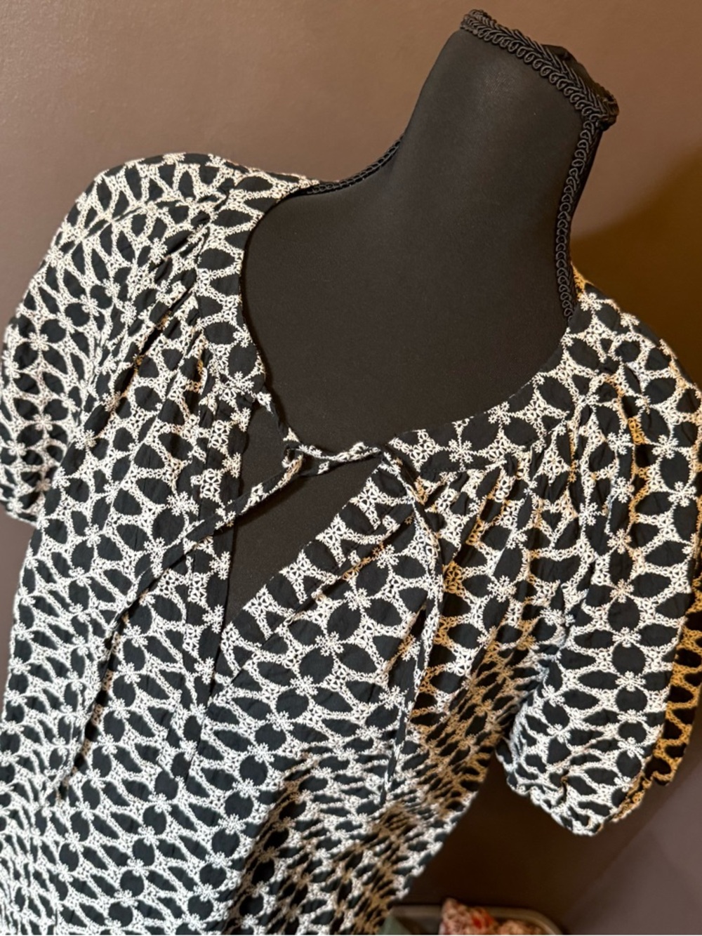 LOFT Black and White Tie-Neck Patterned Blouse - Picture 2 of 4